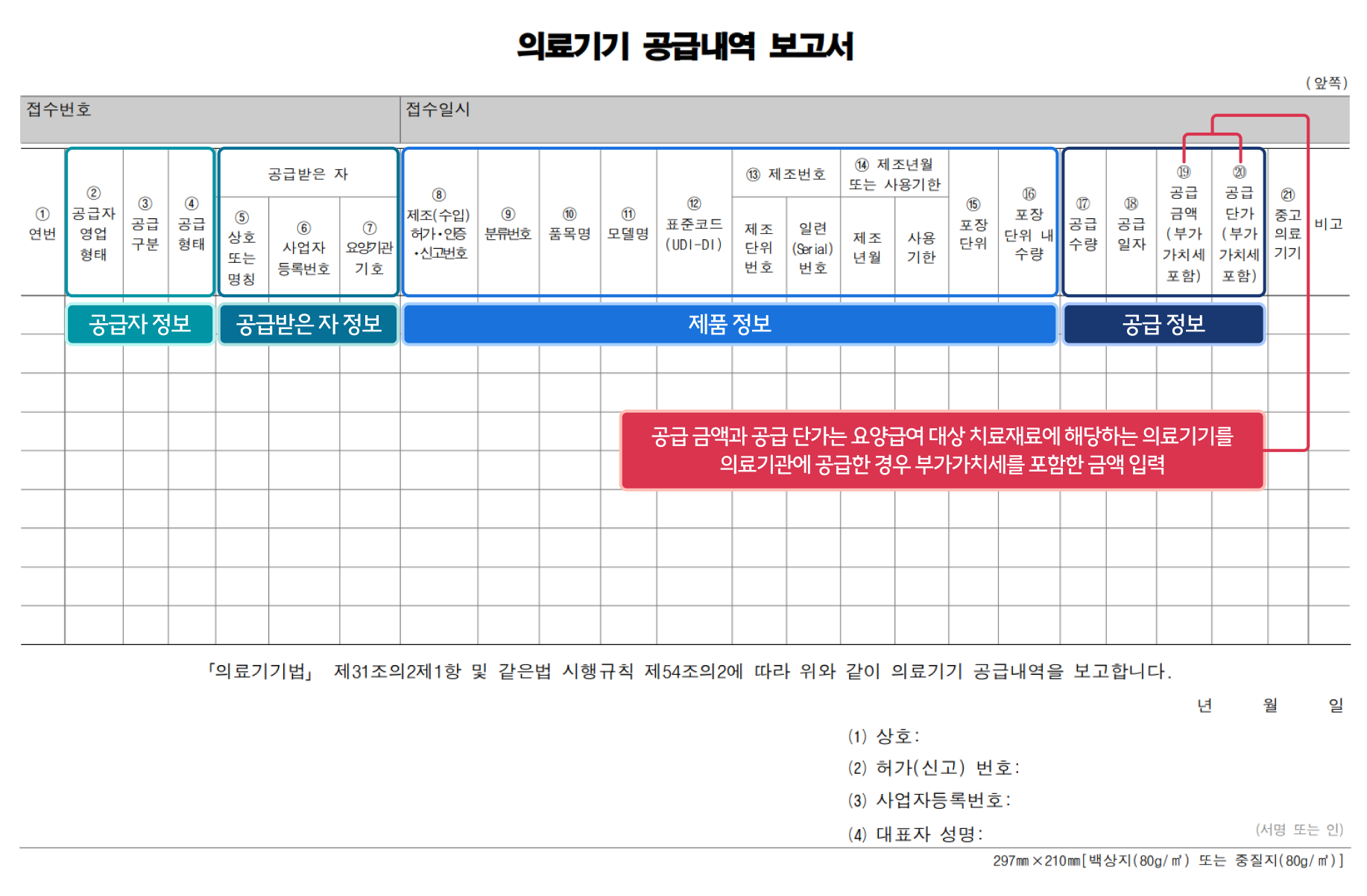 의료기기 공급내역 보고서 - 공급자 정보, 공급받은자 정보, 제품정보, 공급정보